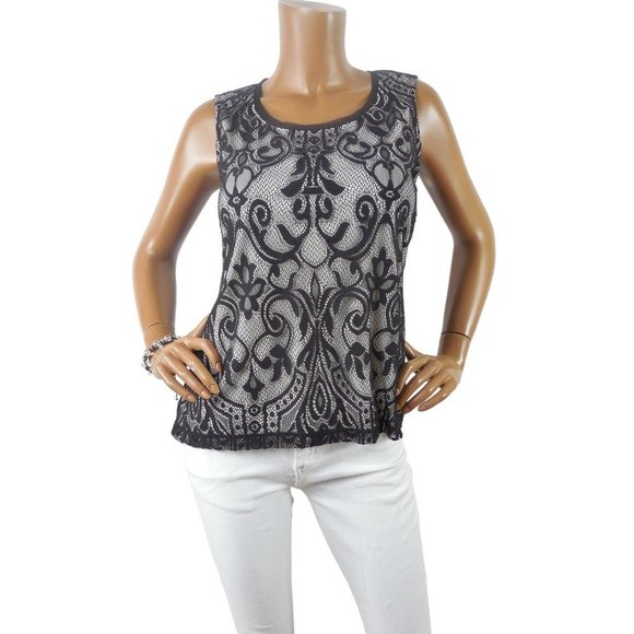 CHICO'S Top M Sz 1 Black Lace Tank Shirt White Lining Sleeveless Blouse - Picture 3 of 9